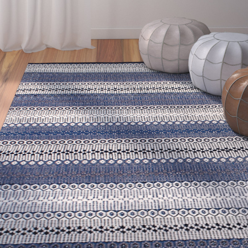 Bungalow Rose Avaline Striped Handmade Flatweave Cotton Blue/White Rug